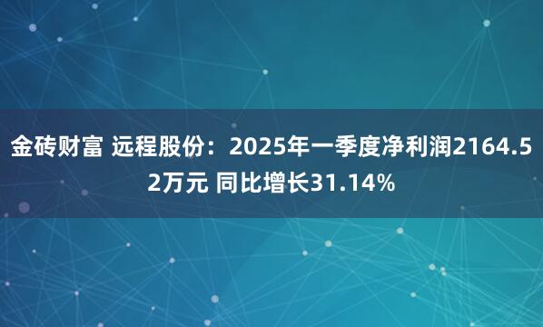 金砖财富 远程股份：2025年一季度净利润2164.52万元 同比增长31.14%